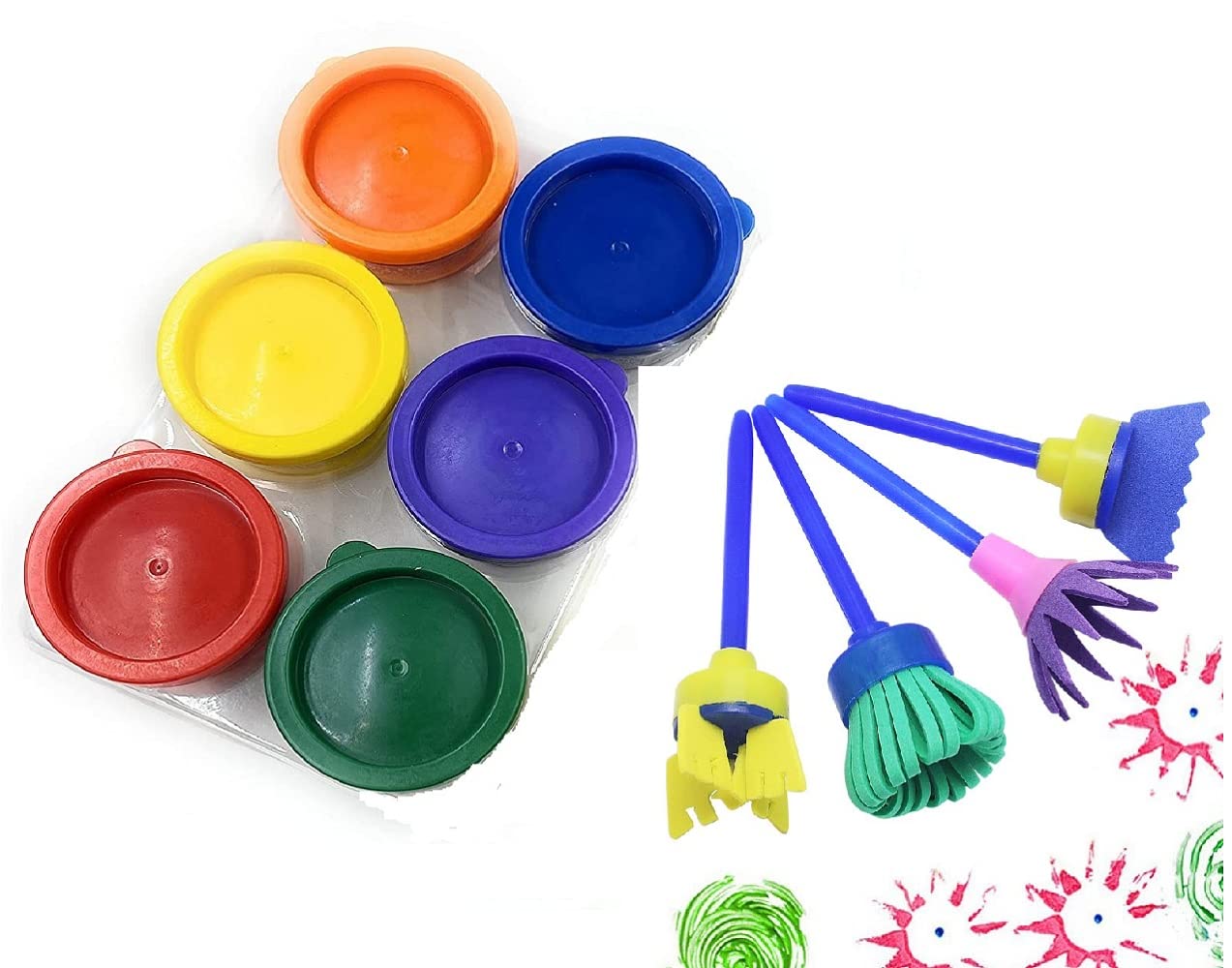 The Art Box 6 Pcs Finger Paint, Non Toxic Smooth, Mixable, Easy to Wash & Dry Paints for Kids with 4 Stamp Flower Painting Brushes, Assorted