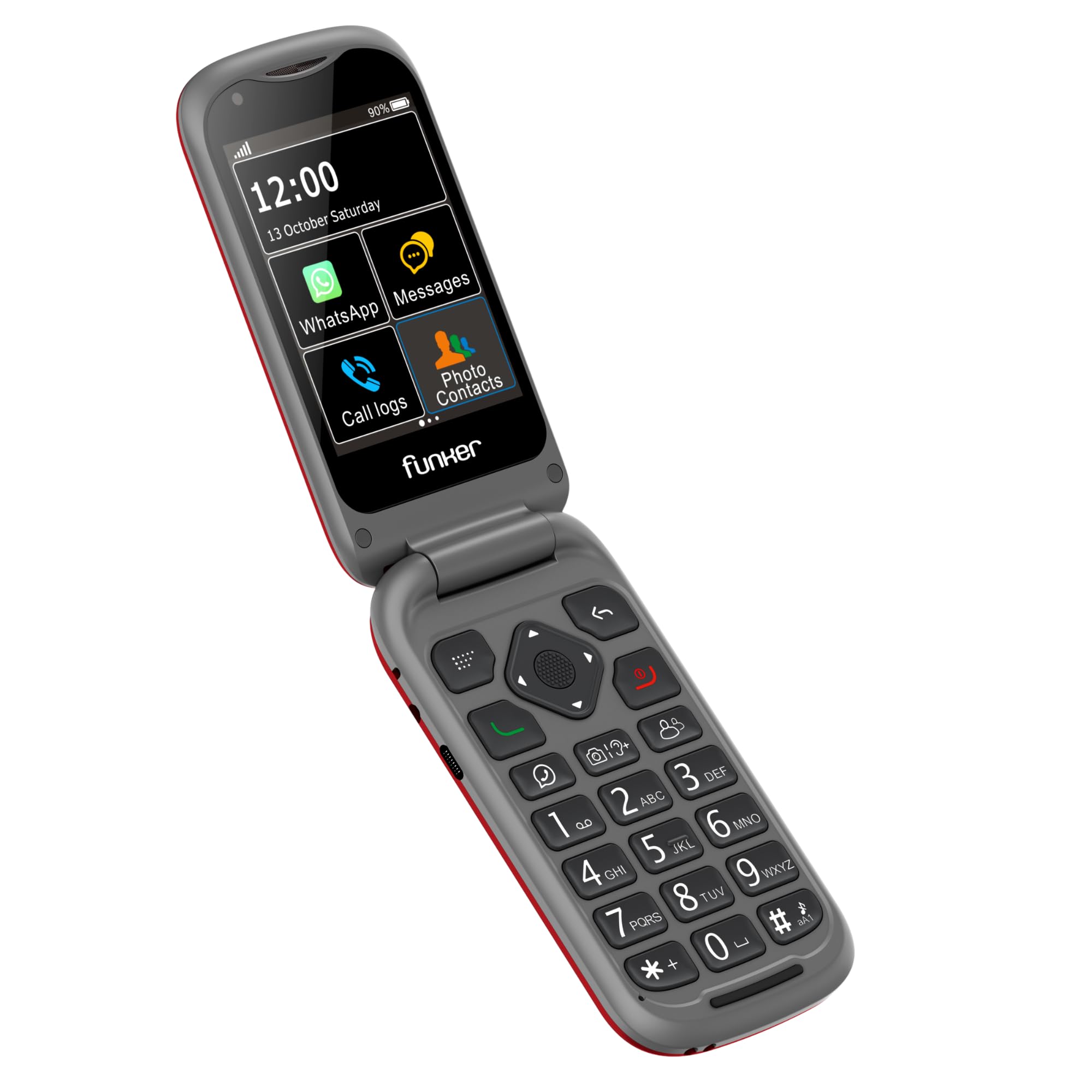 Funker E480 Teléfono Móvil 4G para Mayores con Whatsapp, Teclas Grandes, Botón SOS y GPS, Videollamadas, Pantalla 2.8", Base de Carga, Fotocontactos, Volumen Alto, Fácil de Usar, Color Rojo