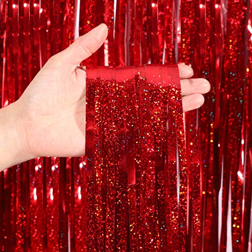 Image of CYLMFC Metallic Tinsel Curtains, 2 Pack 3x8ft Foil Fringe Backdrop for Birthday & Graduation Decorations, Red
