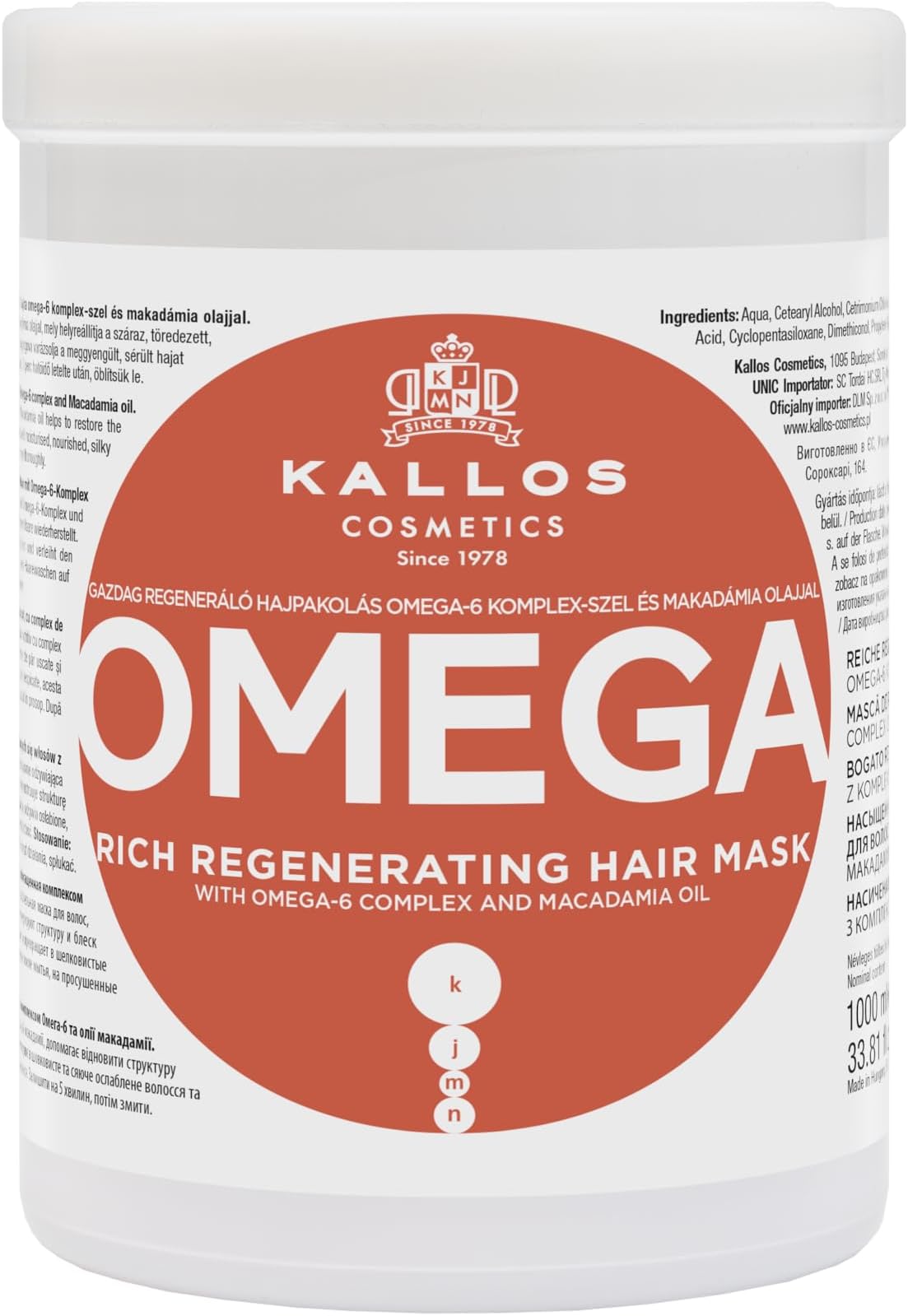 Kallos KJMN Omega Rich Repair Hair Mask for lifeless and damaged hair with omega-6 complex and macadamia oil 1000 ml - 33,81 Fl Oz
