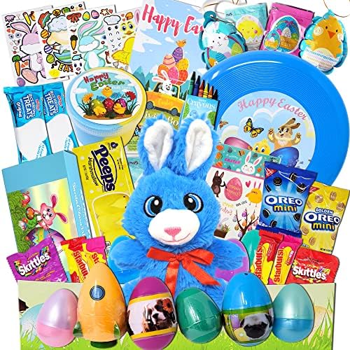 Easter Care Package for Kids - Prefilled Complete with Toys & Candy, Pre-made Basket Fillers Stuffed Box, Boys, Girls, Adults, teens,toddler, Premade Easter Baskets, Easter Baskets (Blue Bunny)