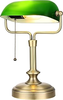 Green Bankers Lampe de bureau, abat-jour en verre réglable, lampe vintage avec interrupteur à chaîne pour bureau à domicile, lampe piano, ampoule LED 6 W incluse (bronze antique + vert)