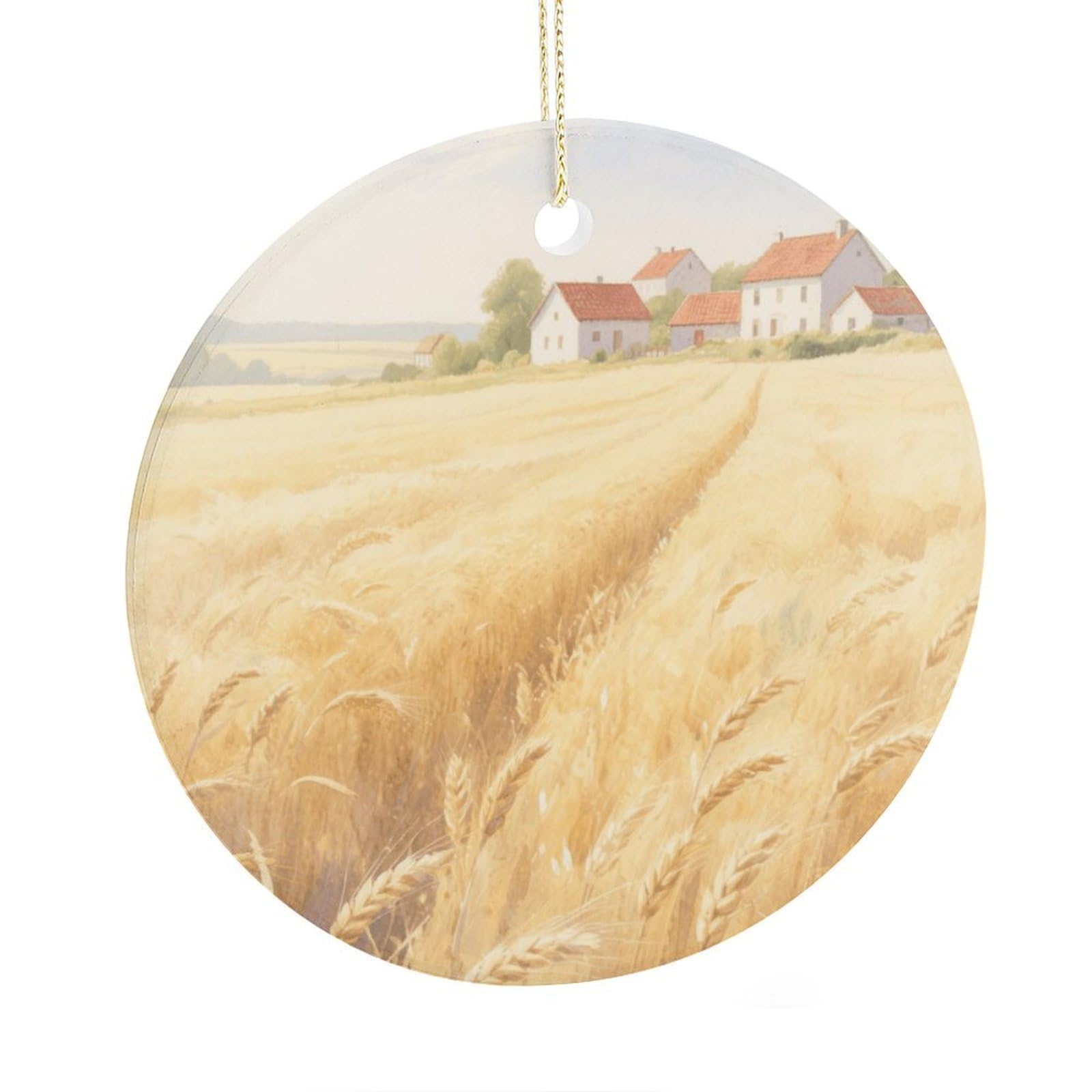 Fekiloot Style Golden Wheat Field Christmas Ornaments 2.9 Inch Round Ceramic Ornament Keepsake Thank You Gifts For Office, Room, Home - Holiday Present Ideas