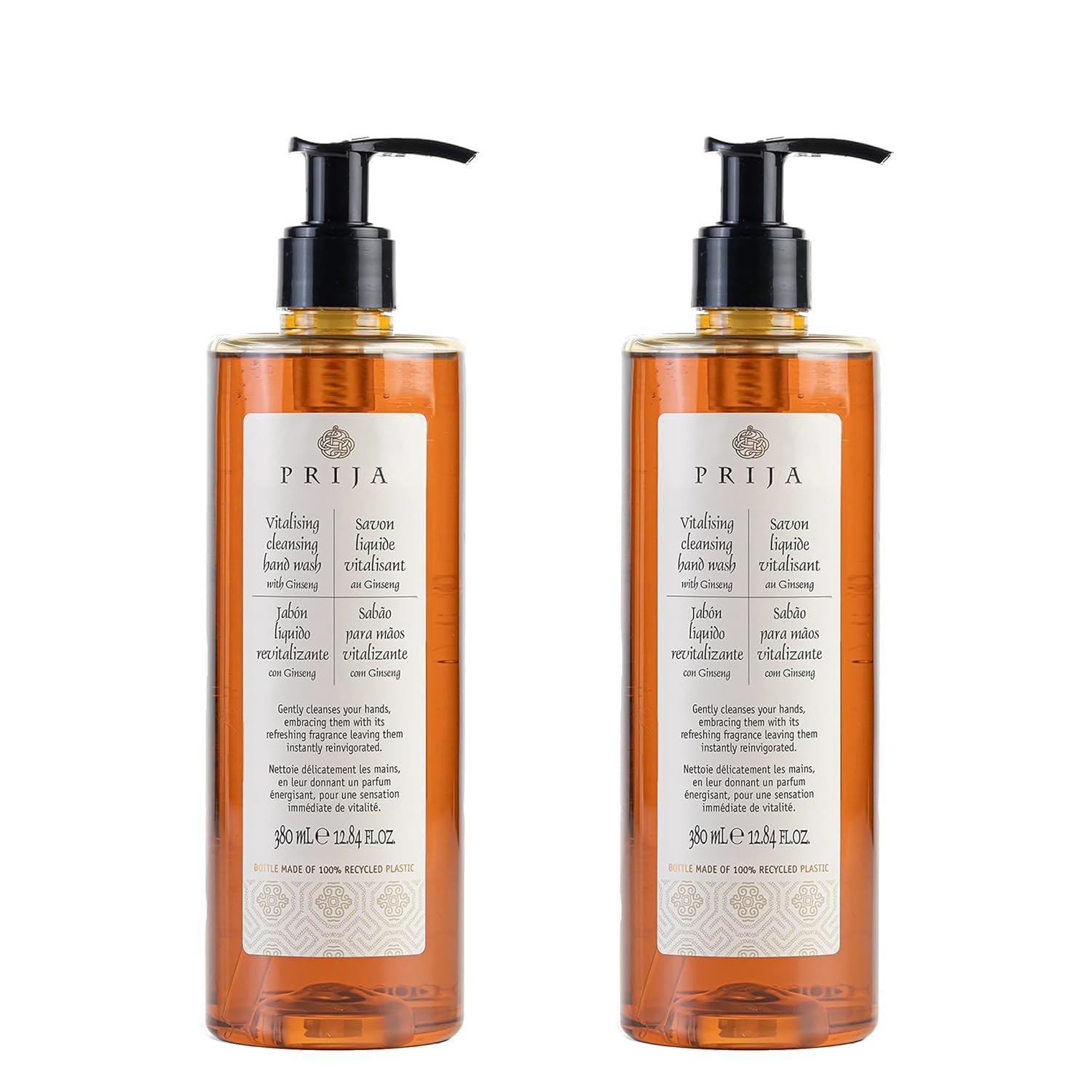 Prija Vitalising Hand Wash with Ginseng, 380ml, Pack of 2, Made from Recycled Plastic, Amber, 500 ml (Pack of 1)