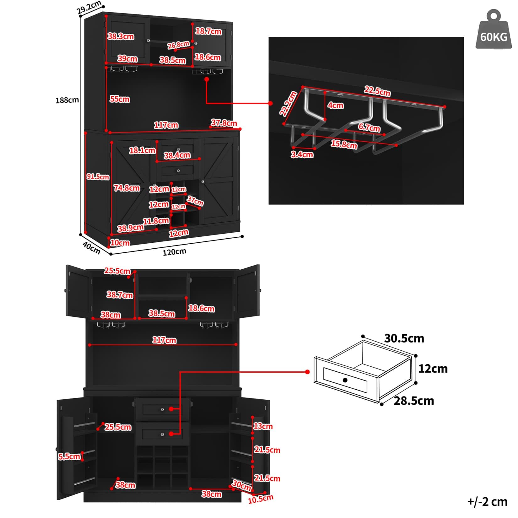 PUGSDRLY Buffet de Cuisine avec 4 Portes et 2 Tiroirs,Meuble de Rangement avec étagères réglables et casier à vin,Buffet Haut pour Cuisine,Salon et Salles à Manger,120x40x188cm (Noir)
