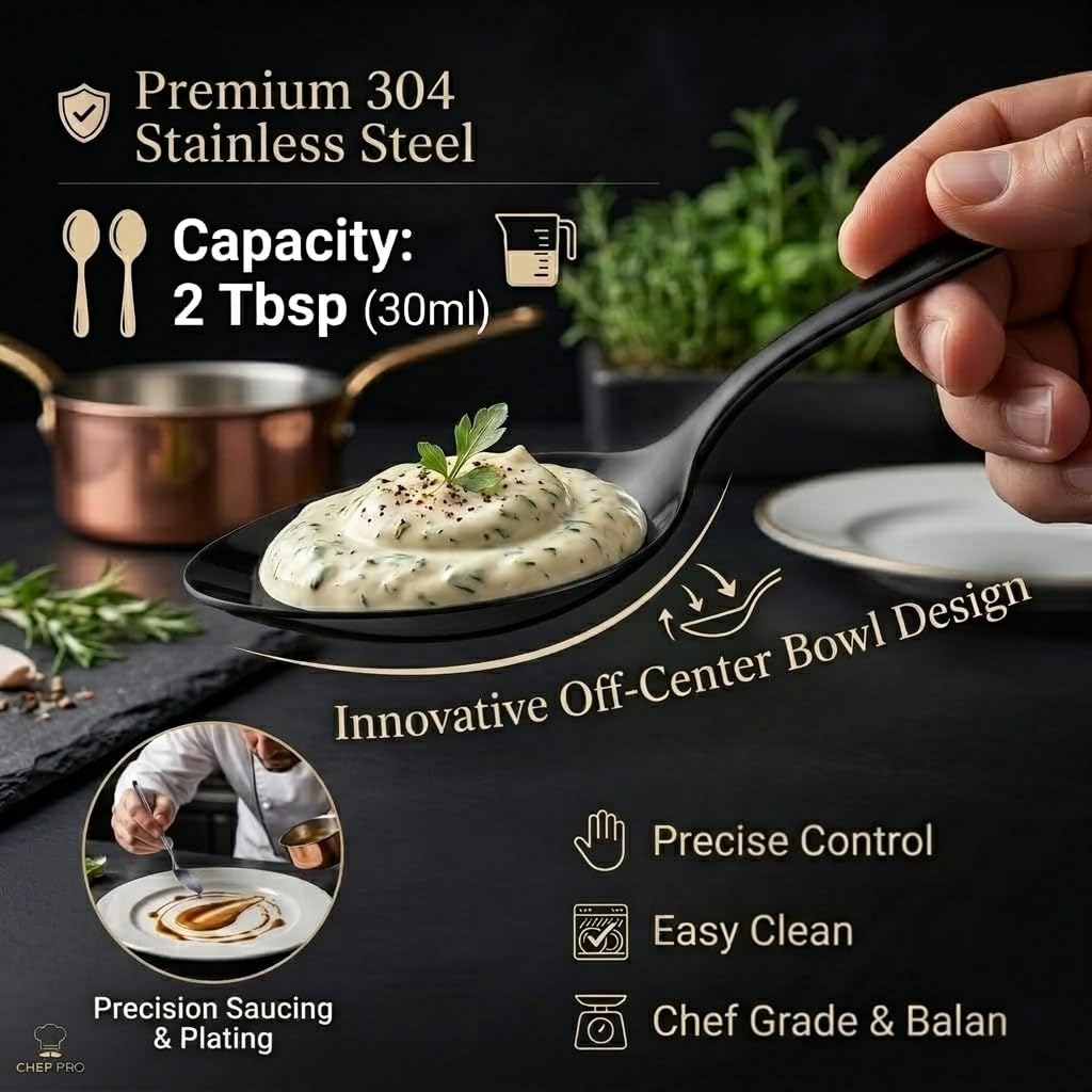 CREATIVECHEF 2-Pack 7.8-Zoll Edelstahl Kunz Löffel, Spiegel Polieren Löffel Set, Professionelle Koch Löffel Küchenbesteck Set für Home Küche Restaurant Rühren, Schöpfen und Mischen (Schwarz)