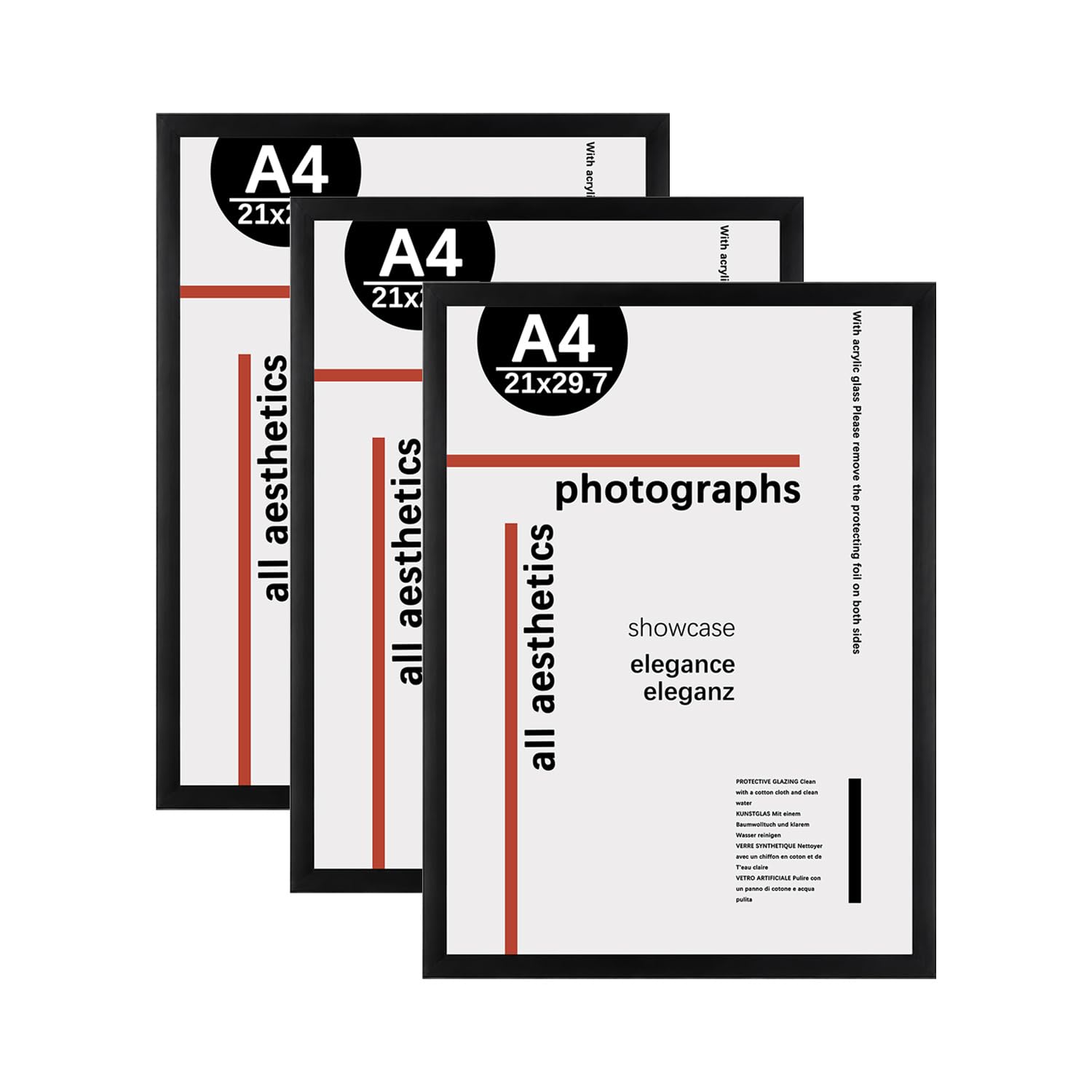 KAIWIN A4 Picture Frame Set of 3, A4 Black Picture Frames 21x29,7 cm, Photo Frame with Acrylic Glass for Stand Tabletop or Wall Hanging