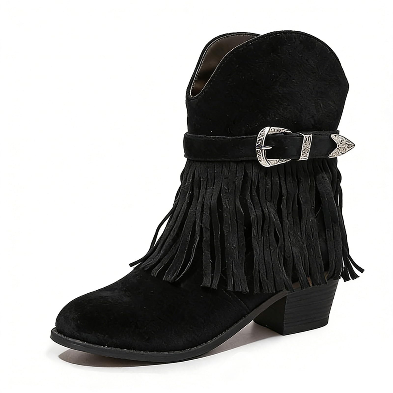 Botines de Tobillo de Ante para Mujer con Flecos Tacón Medio Ancho Fácil de Calzar Estilo Vaquero Calzado Boho para Conciertos Country Fiestas Temáticas Bodas y Baile