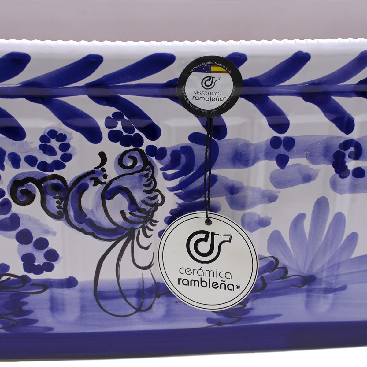 CERÁMICA RAMBLEÑA | Jardinera Rectangular Exterior Decorado Montería Azul - Modelo J02 | 100% Decorada a Mano | Para Balcón | 41x19x18 cm