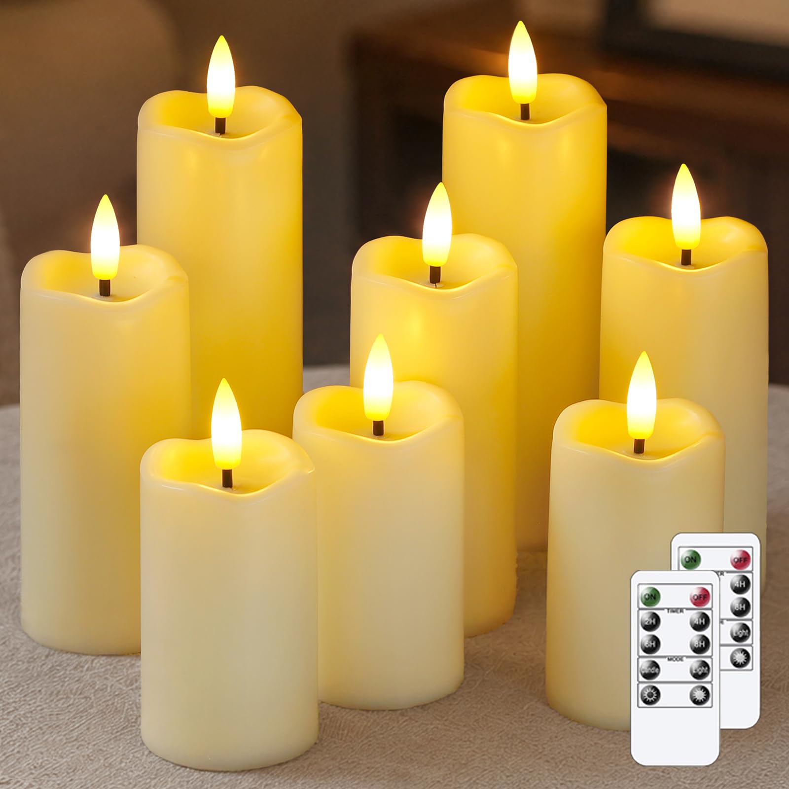 Mavandes Pack of 8 Flameless Flickering Bulk LED Candles with 2 Remote and Cycle Timer, 5.3cm x 11cm 14cm 17cm Ivory Battery Operated Plastic 3D Wick Long Lasting 500 Hrs Pillar Candles