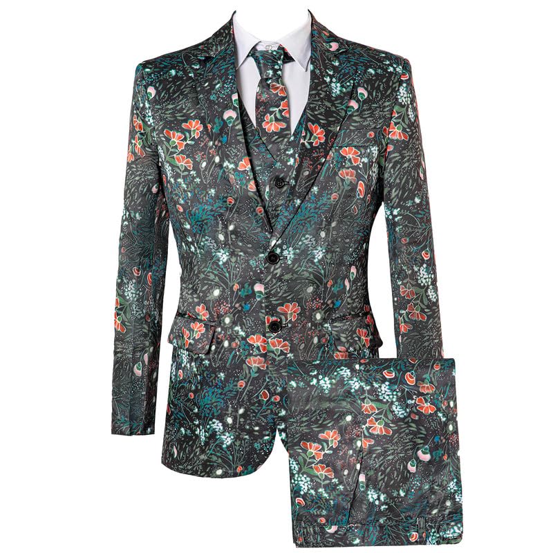 HBDesign Men's Black Backcloth Green Printed 2 Button 4 Piece Suit for Men