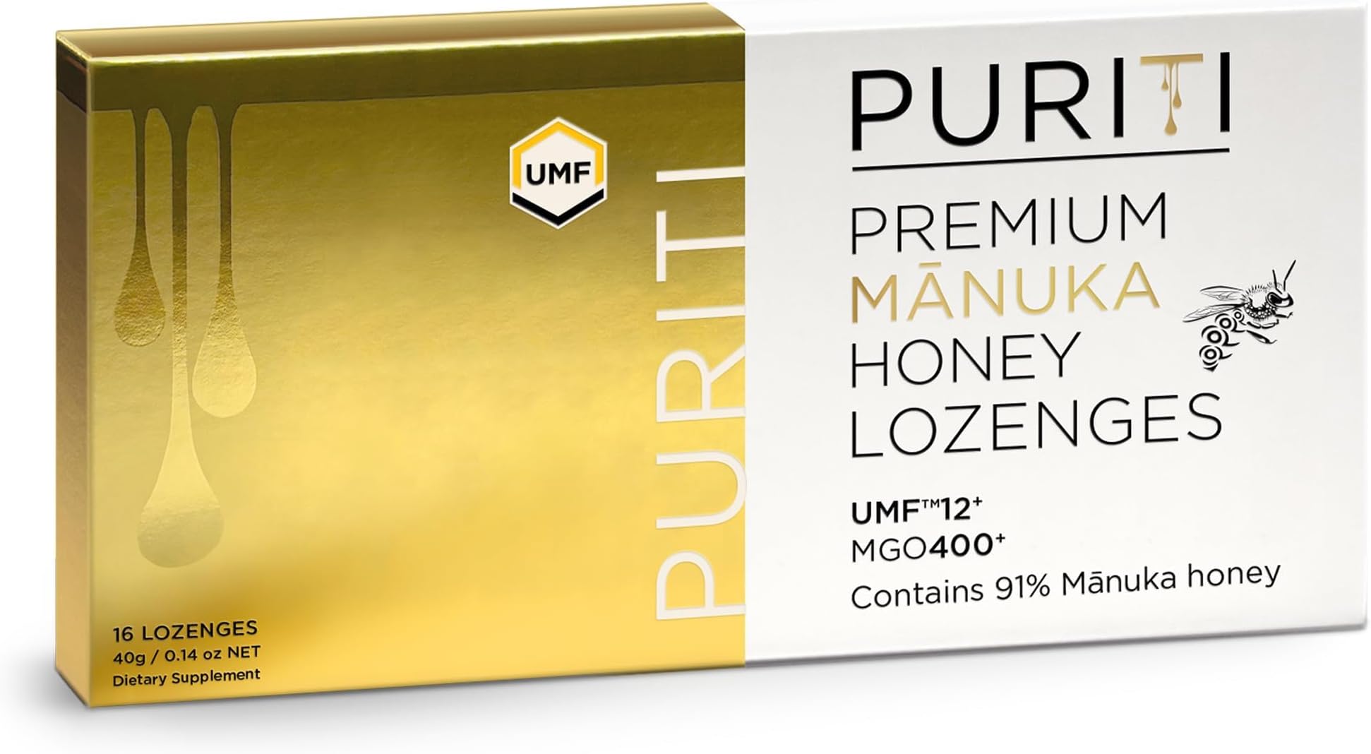 PURITI Premium Manuka Honey Lozenges High Potency - Sugar Free Drops | Genuine New Zealand Raw Manuka Honey Soothers for Coughs & Sore Throats | UMF Certified MGO 400+ UMF12+ (16 Pack)