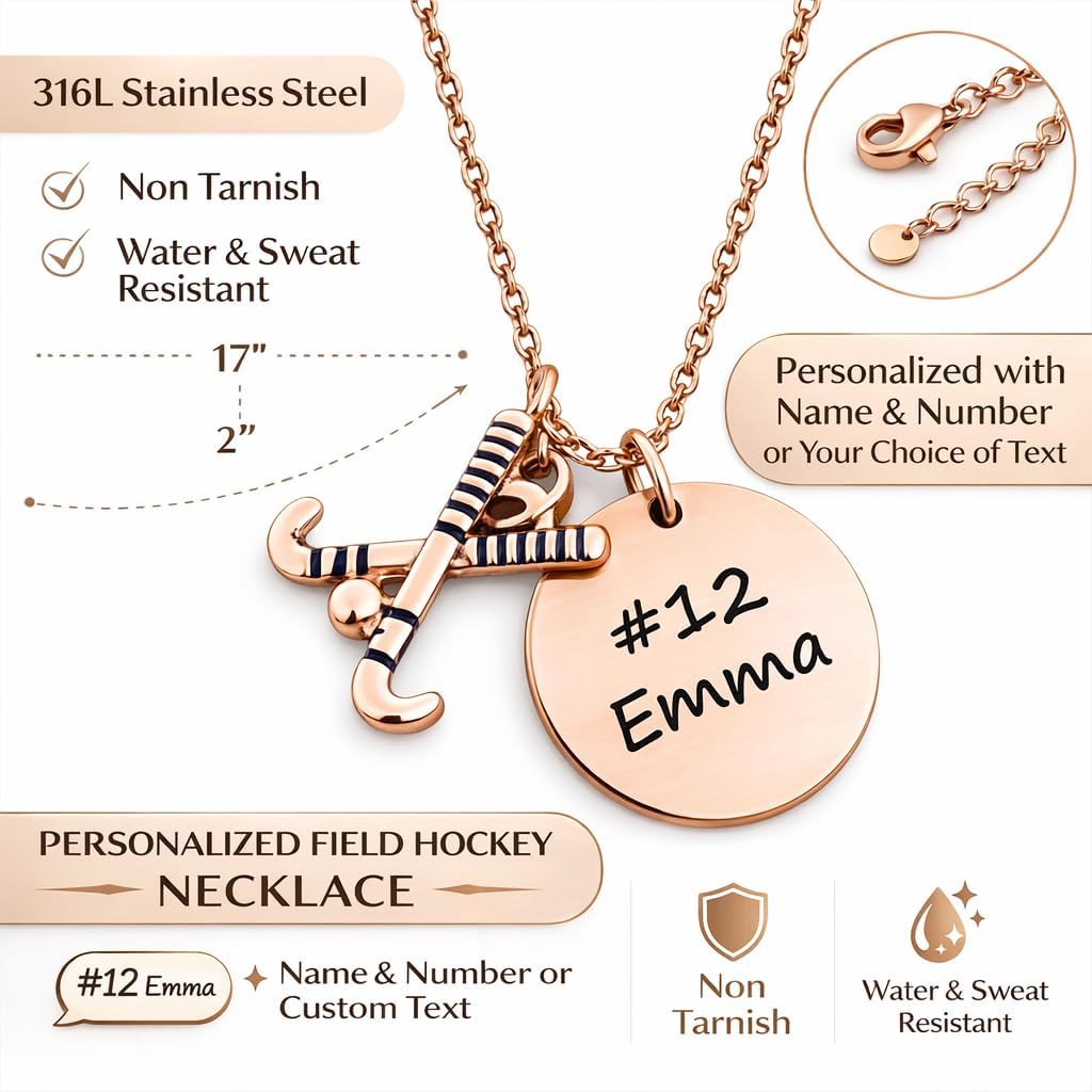 Sportybella Field Hockey Necklace, Personalized Rose Gold Stick Charm Pendant, Custom Engraved Field Hockey Jewelry for Female Field Hockey Players, Field Hockey Gift - Image 3