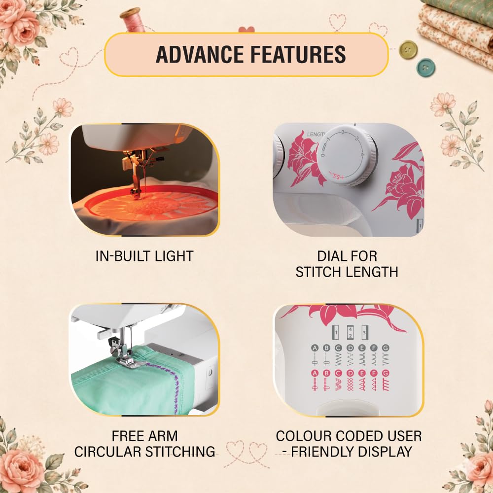 USHA Janome Fully Automatic Allure Deluxe Sewing Machine,13 Built-in Stitches,21 Stitch Functions,Auto Needle Threader,Auto Feed Drop,Triple Strength Stitch,Button Hole Stitch,LED Sewing Light,White — Amazon image 5