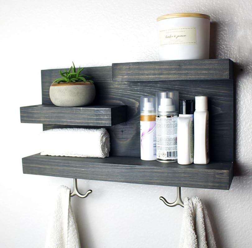 Bathroom Shelf Organizer with Towel Hooks Modern Farmhouse 100 HANDMADE IN USA