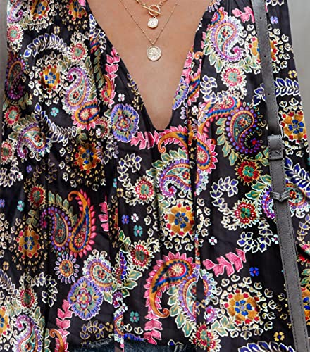 Lamissche Womens Sexy Deep V Neck Blouse Flowy Paisley Puff Sleeve Shirt Oversized Drawstring Silk Satin Tunic(002-Black Paisley,M) #TOP5