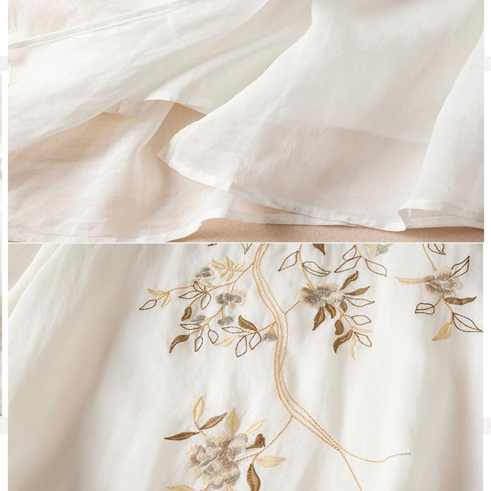 Robe Longue en Coton et Lin brodée de Fleurs pour Femme, Robe bohème en Coton et Lin, Robe d'été Classique à Manches mi-Longues et col Rond