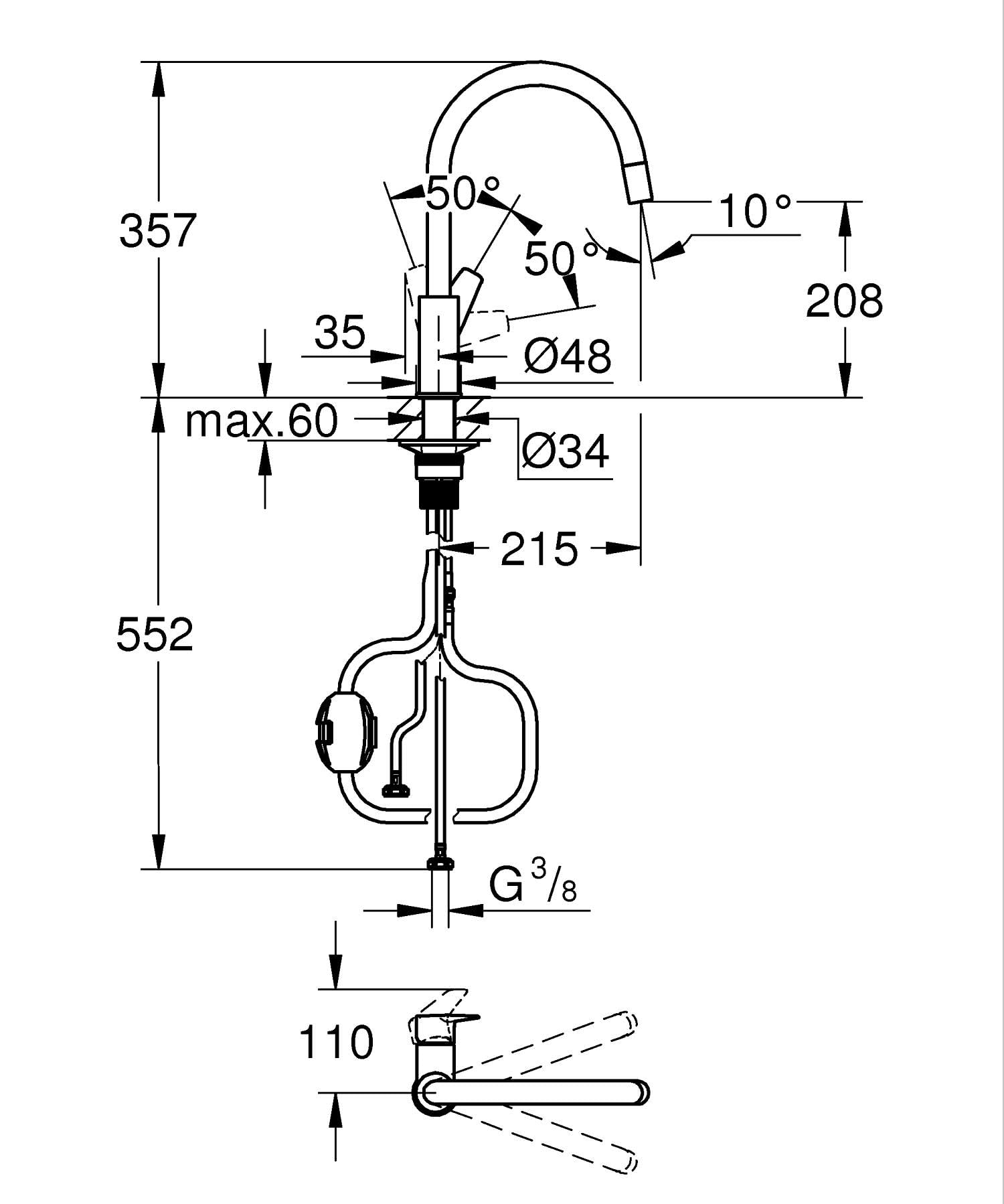 GROHE QUICKFIX Start Edge, Mitigeur de Cuisine avec Douchette Extractible, Bec Haut, Rotation 360°, Chromé, 30551000