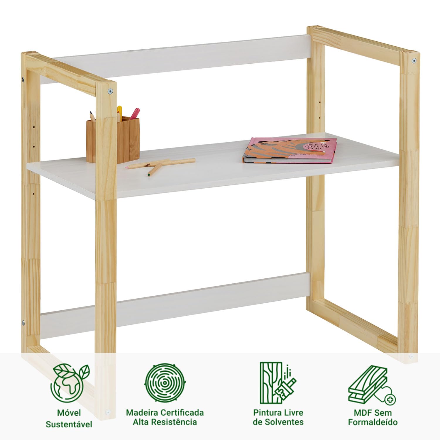 IDIMEX Kinderschreibtisch SUZA höhenverstellbar Massivholz Natur/weiß - Tischplatte in 4 Höhen verstellbar, ideal für kleine Räume, minimalistisches Design im Montessori-Stil