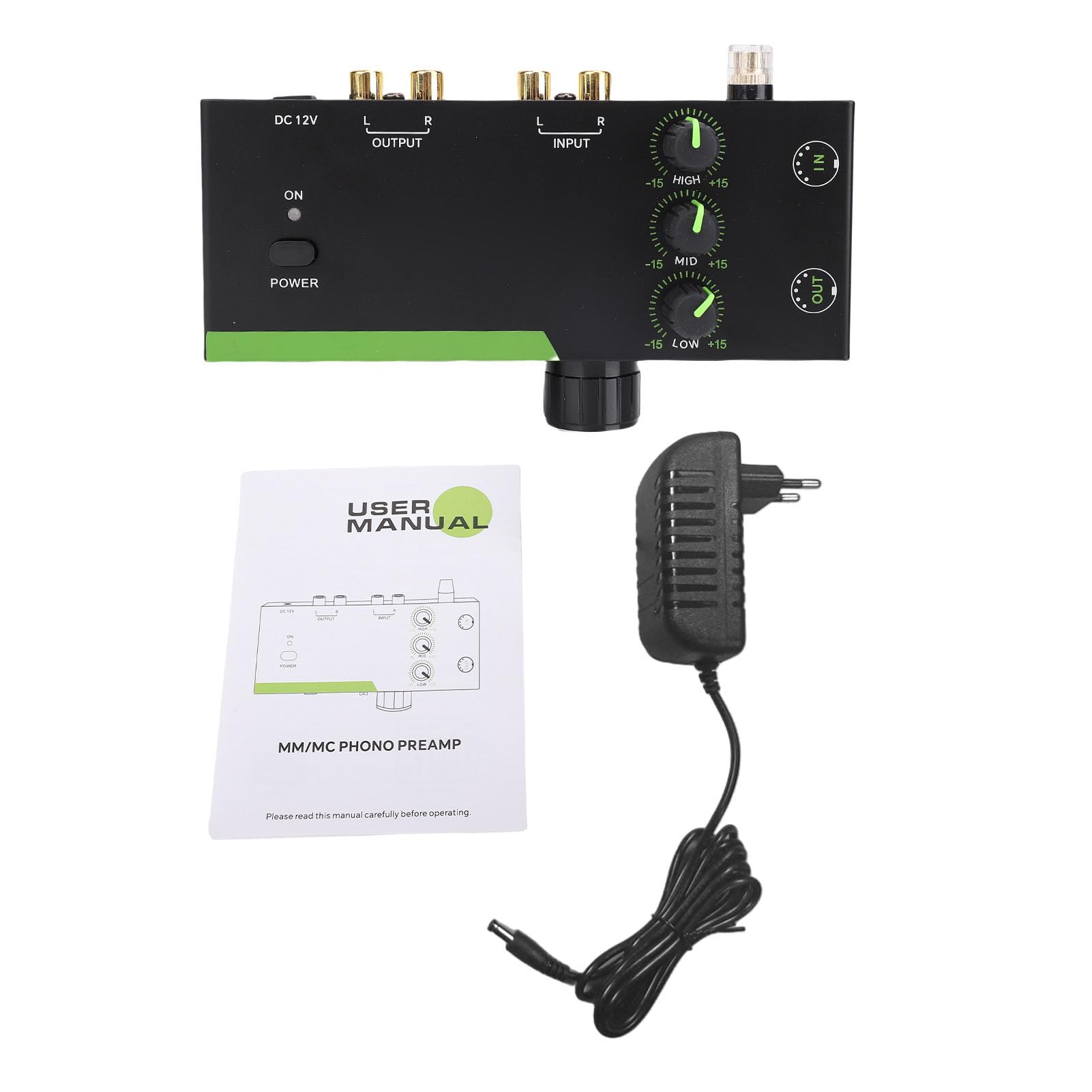 Alomejor Preamplificatore Fono, Preamplificatore Giradischi Mm MC con Regolazione Alta Media Bassa Frequenza da -15 a +15 DB, Uscita Jack Cuffia 3,5 Mm, Connessione di Terra per (Spina europea)