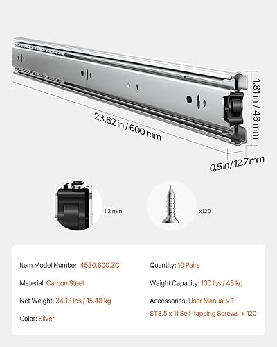 Miniatura 73 de VEVOR 6 pares de rieles de montaje lateral resistentes de 20 pulgadas, de 14, 16, 18, 20, 22, 24 pulgadas, rodamientos de bolas, extensión completa