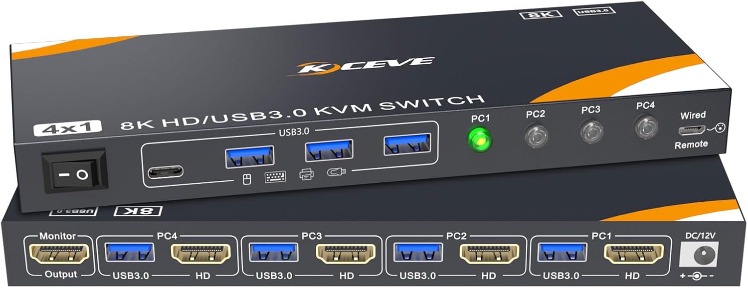 KCEVE USB 3.0 KVM Switch 4 Computers 1 Monitor HDMI 8K@60Hz