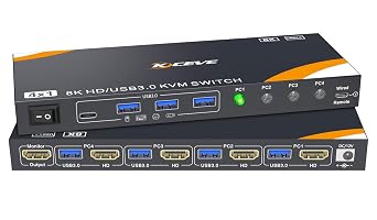 KCEVE USB 3.0 KVM Switch 4 Computers 1 Monitor HDMI 8K@60Hz | 4K@144Hz, 8K KVM Switch HDMI 4 Port for 4 Computer Share Keyboard Mouse, with Power Adapter and Wired Remote
