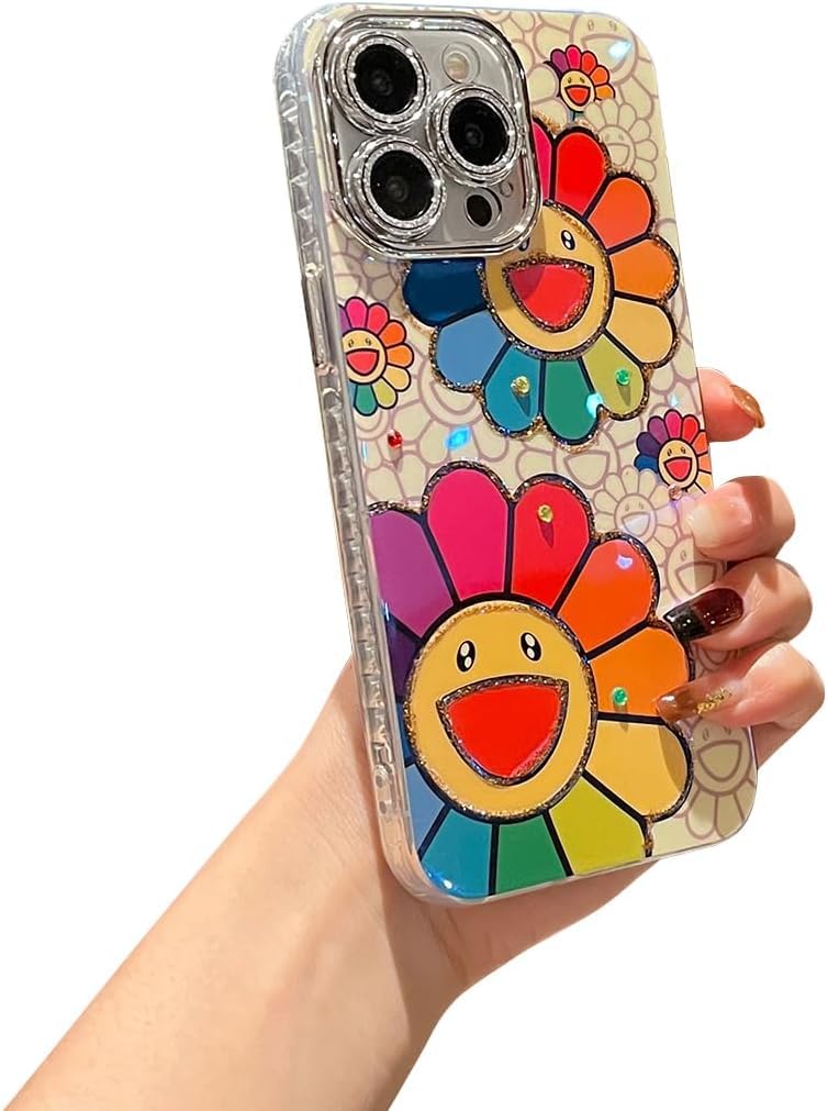 for iPhone 14 Pro Max Case Bling Camera Lens Protection Glitter Cute Cartoon Kawaii IMD Pattern Design Silicone Shockproof Protective Phone Case Cover for Girls and Women - Sunflower