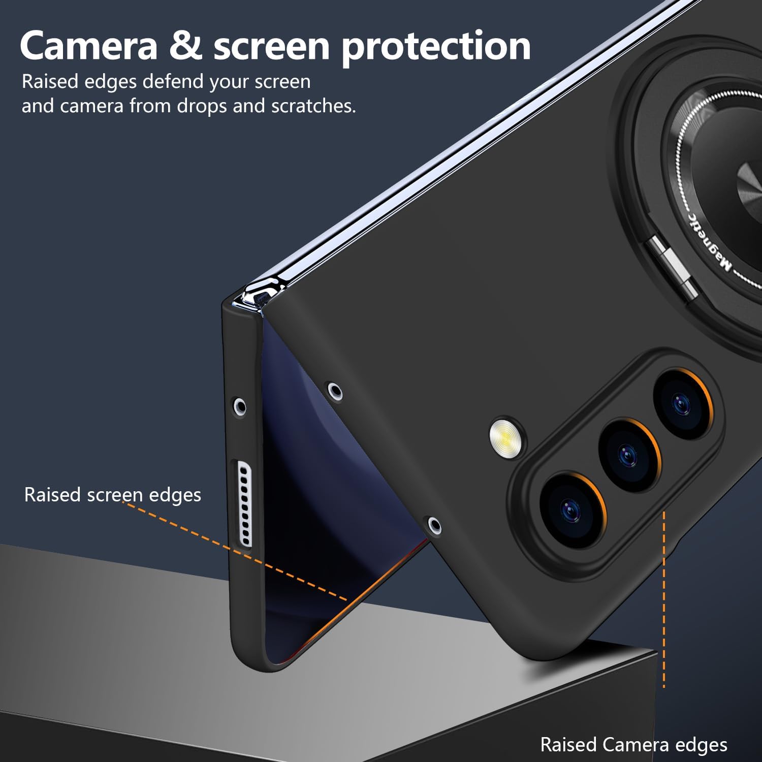 for Galaxy Z FOLD 5 Case with Magnetic Ring Stand, Matte Tough Case with Stand, Magnetic Shockproof Men Women Girls Boys Protective Cover for Galaxy Z FOLD 5 7.6", Black(15-13)