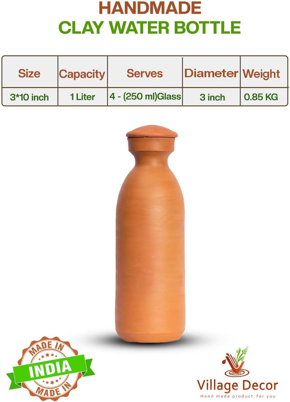 Village Decor Unglazed Handmade Terracotta Water bottle With Cork 33oz|Preseasoned Mud Bottle