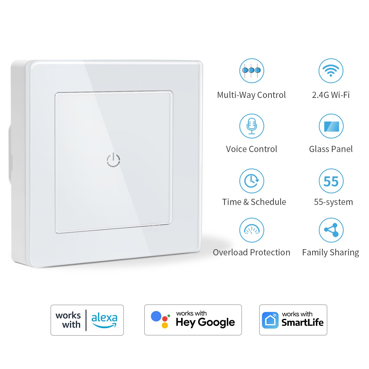 SMARTERCURRY Smart WLAN Lichtschalter 1 Fach 1 Weg, Weiß-4 Stücke | Glas Touch Lichtschalter Kompatibel mit Alexa/Google Home, App Timer/Fernbedienung-Funktionen, Neutralleiter Erforderlich