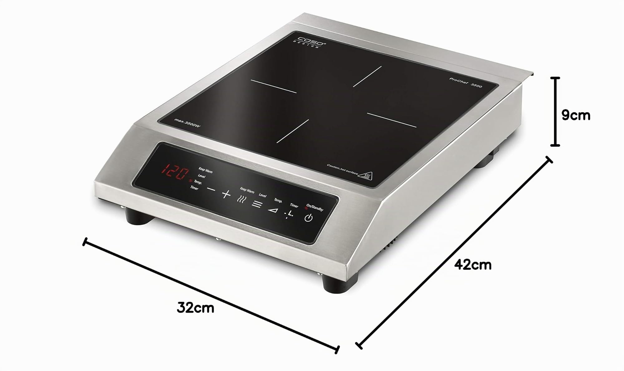 CASO ProChef 3500 - Mobiles Einzel- Induktionskochfeld, 3500 Watt, Temperatur 60-240°C, Kochplatte mit Timer- & Warmhalte-Funktion, 12 Leistungsstufen, Edelstahlgehäuse, für Topfgrößen 12-27cm