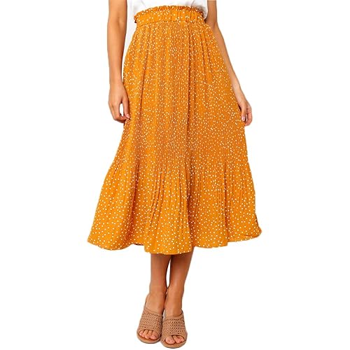 EXLURA Womens High Waist Polka Dot Pleated Skirt Midi Swing Skirt with Pockets