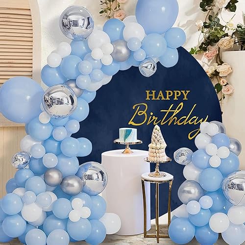 Miniatura 3 de DORCEV Fondo Redondo de Poliéster de 6.5x6.5 pies Azul Marino Feliz Cumpleaños Cubierta de Fondo Azul Marino Textura de Mármol Fondo de Cumpleaños