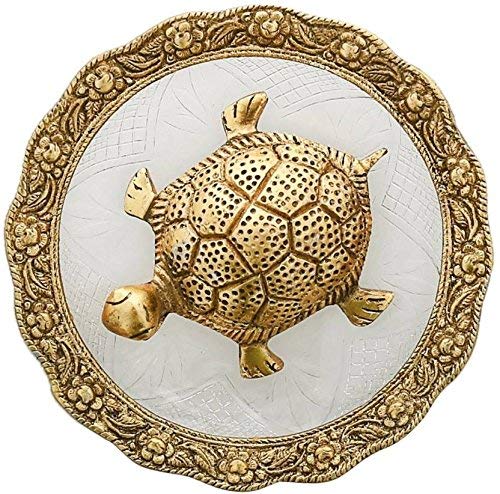 Prince Home Decor & Gifts Metal Feng Shui Tortoise On Plate Showpiece vastu Item (Golden, Diameter: 5.5 Inch)