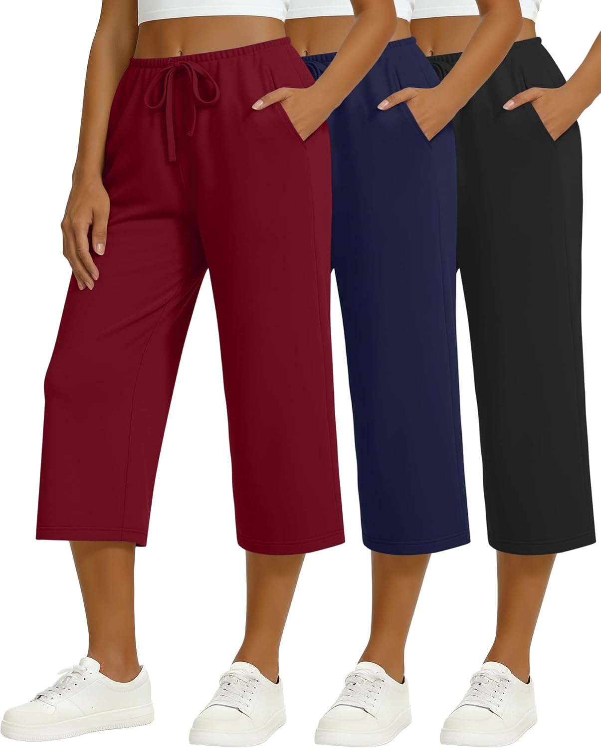 3 Pack Women's Capri Pants Drawstring Yoga Jogger Workout Sweatpants Straight Leg P...