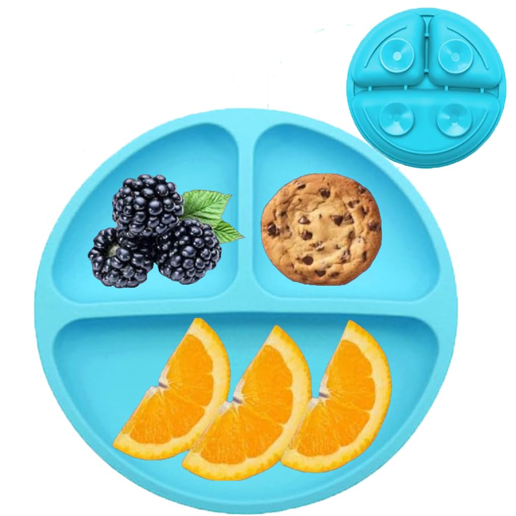 SNOWIE SOFTSNOWIE SOFT® Baby Suction Plates for Baby Feeding BPA Free Foodgrade Silicone 3-Grid Food Plate for Kids, Young Kids Tableware, Silicone Dinnerware with 4 Suction Cups, Dish Washer Safe (Blue3)