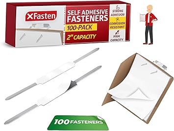 XFasten Self Adhesive Fasteners 2 Inch Capacity (100-Pack) Strong Adhesion Premium File Prong Fasteners 2 Inch for Folders | Durable Prong Fastener Base for Paper, Reports, Charts Folder Accessories