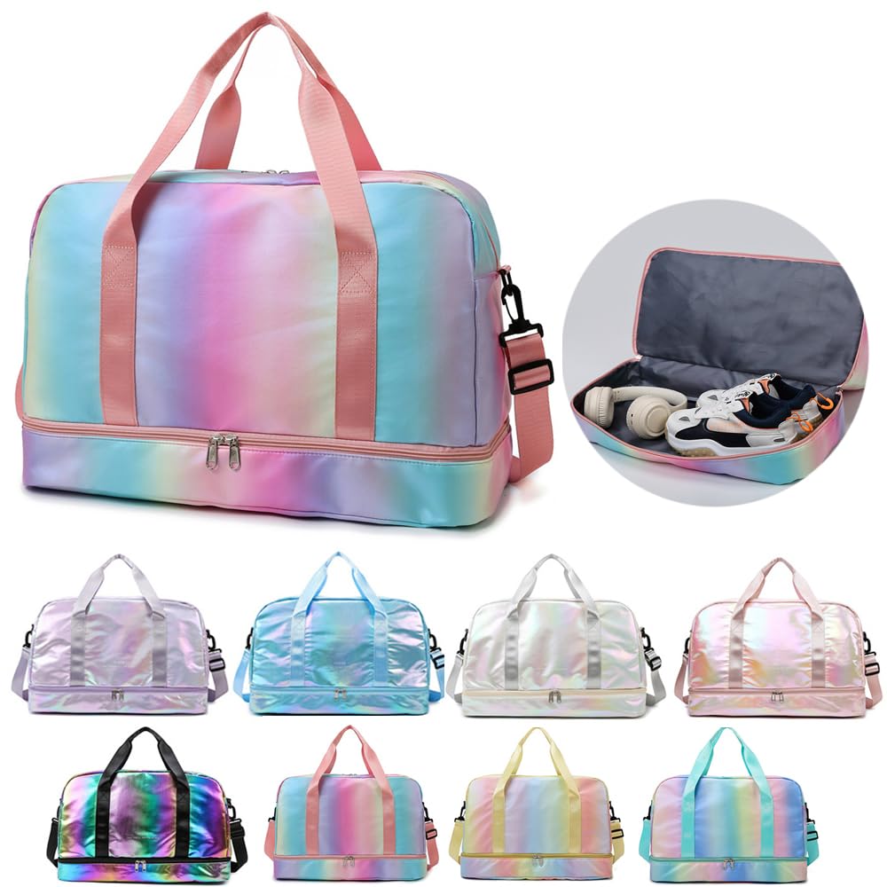 Sports Duffel Bags, Gym Bag with Shoes Compartment& Wet Pocket, Waterproof Weekender Overnight Bag Travel Duffle Bag (Gradient Pink)