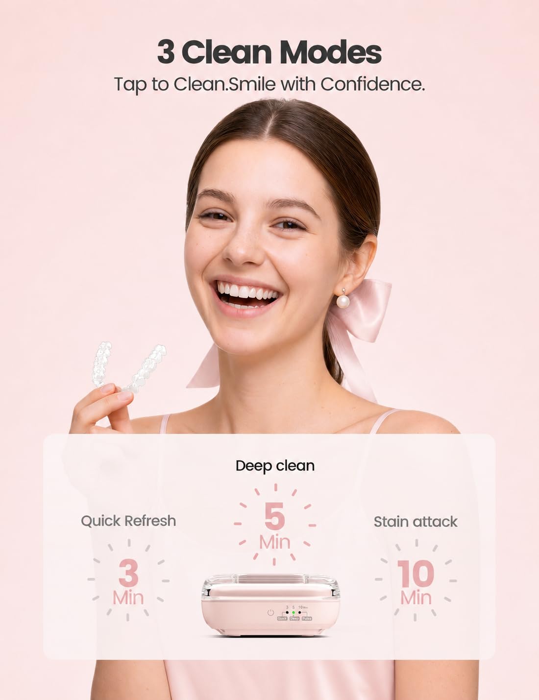 VAYDEER Pulitore a Ultrasuoni 48 kHz per Retainer, 3 Modalità, Rosa | Tecnologia a ultrasuoni da 48 kHz con 3 modalità per retainer, allineatori, protesi e piccoli oggetti.