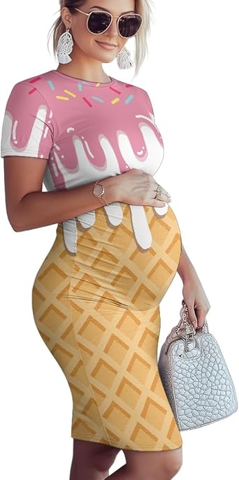 Womens Maternity Midi Dress Short Sleeve Pregnancy Dresses Stretch A-Line Bodycon Dresses Summer Nursing Dresses