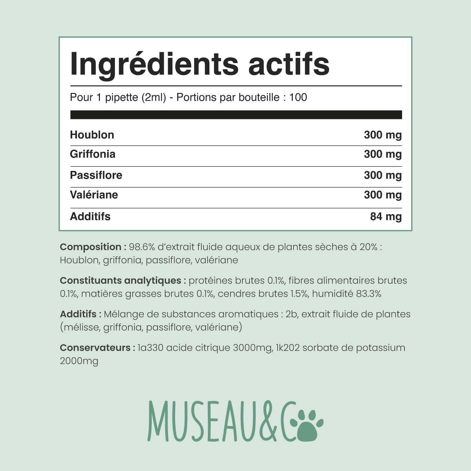 Museau & Co Anti-Stress Chien Chat - Complément Calmant Anxiété & Feux d'artifice - Valériane Passiflore Griffonia Houblon - Liquide Pipette - Formulé par des Vétérinaires - Fabriqué en France