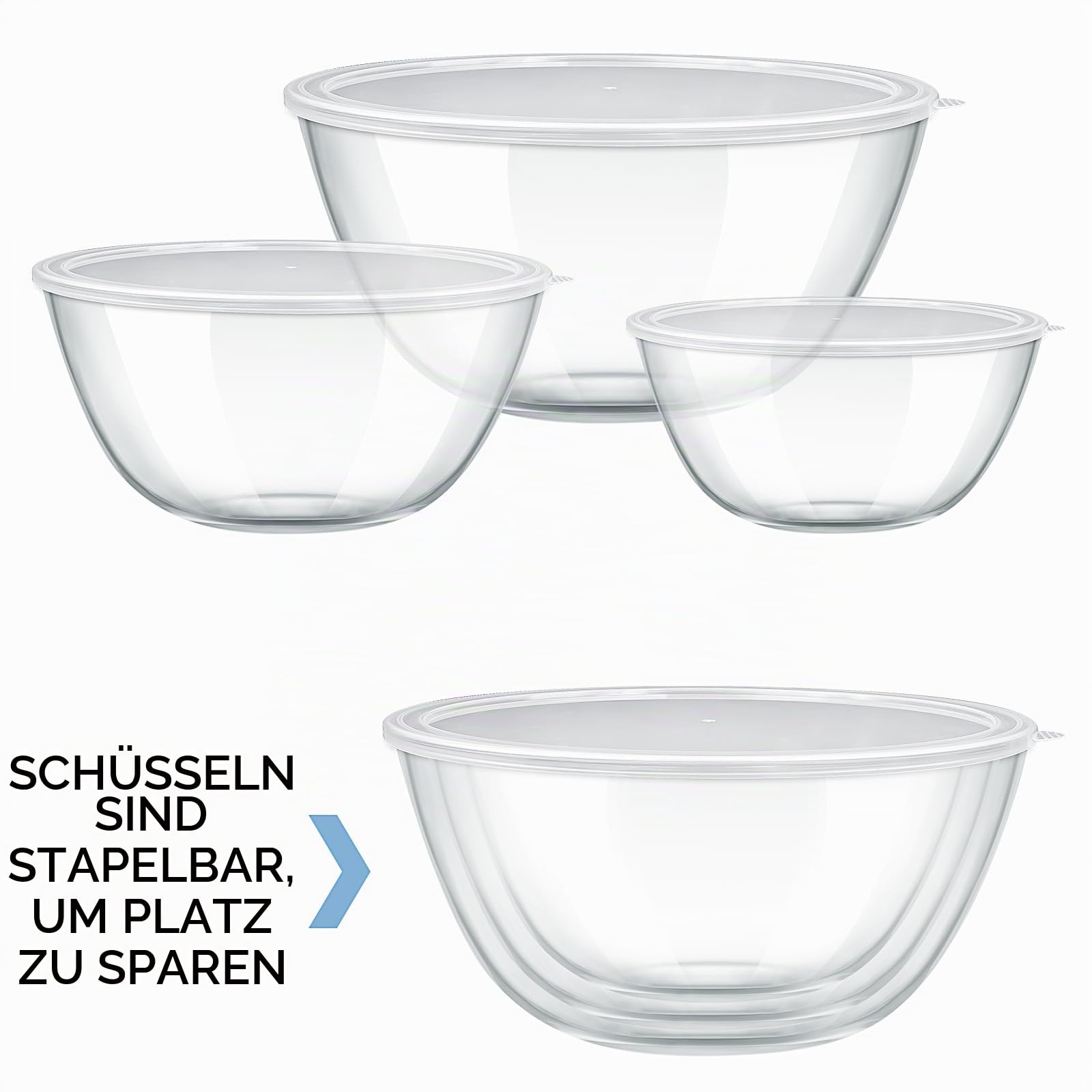 3er Set Glas Rührschüssel mit Deckel, Große Rund Salatschüsseln(4,5 L, 2,7 L, 1,1 L) aus Borosilikatglas, Stapelbare Schüsseln mit Deckel für Kochen, Backen, Vorbereiten, Mikrowellengeeignet