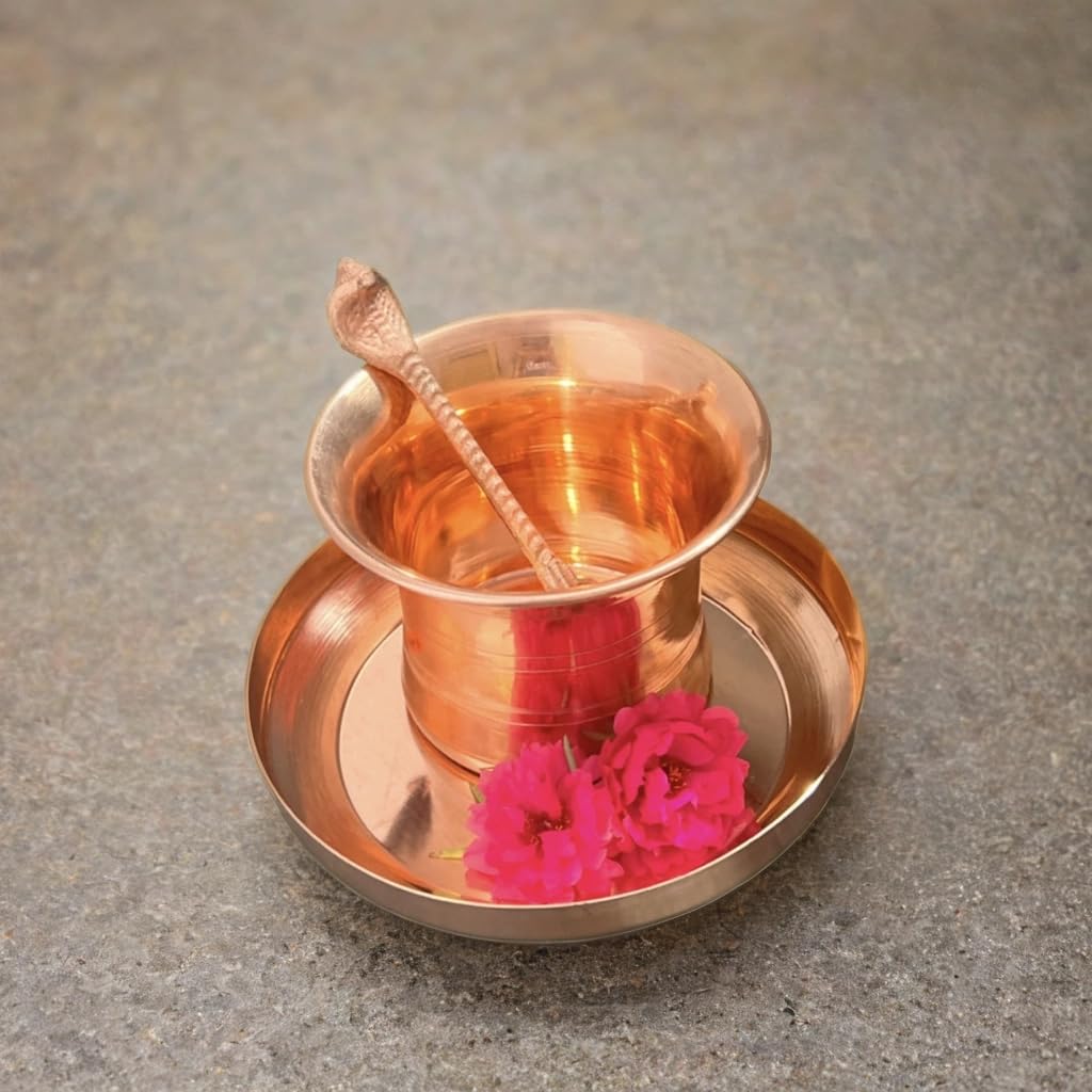 COOKWARE PARADISE Copper Panchapatra Set with Plate and Achamani Spoon for Hindu Puja/Pooja, Mandir, Temple, Charanamrit, Abhishekam Rituals