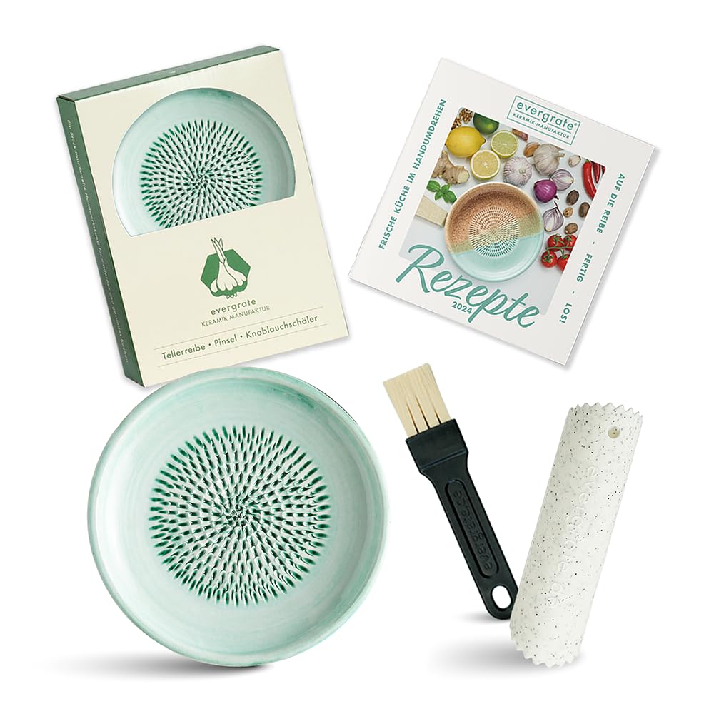 Evergrate® Keramikreibe Mint mit Geschenkbox – mit Reibe, Knoblauchschäler, Rezeptheft & Pinsel – Handgefertigt für Ingwer, Knoblauch & mehr – Spülmaschinenfest & langlebig