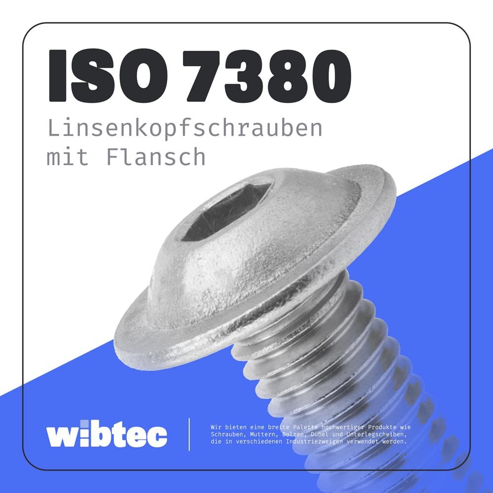 100 Stück Linsenkopfschrauben mit Flansch M8x40 Edelstahl A2 ISO 7380-2 Vollgewinde Innensechskant Flanschschrauben WIBTEC®
