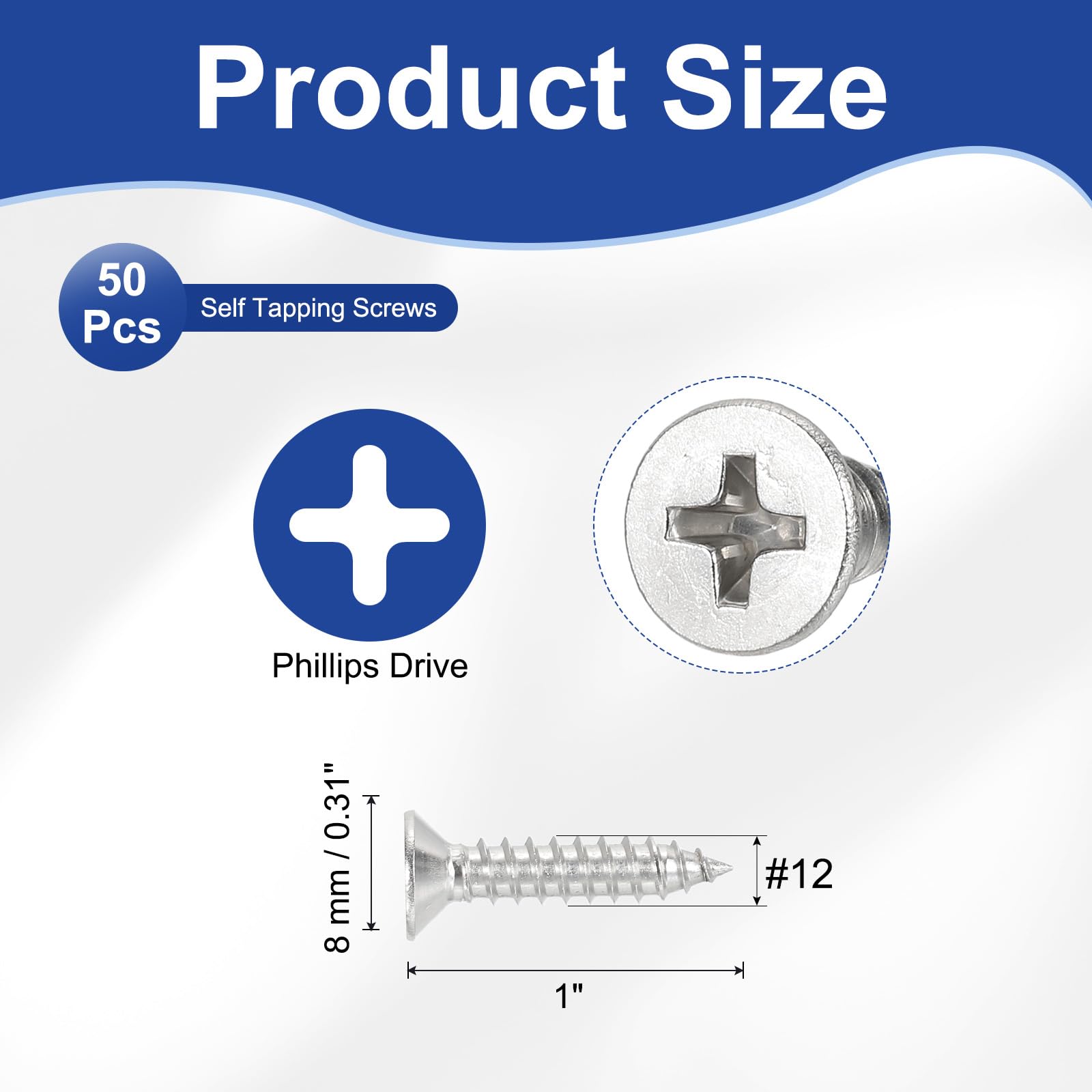 PATIKIL #12x1" Flat Head Sheet Metal Screws, 50 Pcs 304 Stainless Steel Phillips Drive Self Tapping Wood Screws for Metal Wood Drywall - Image 2