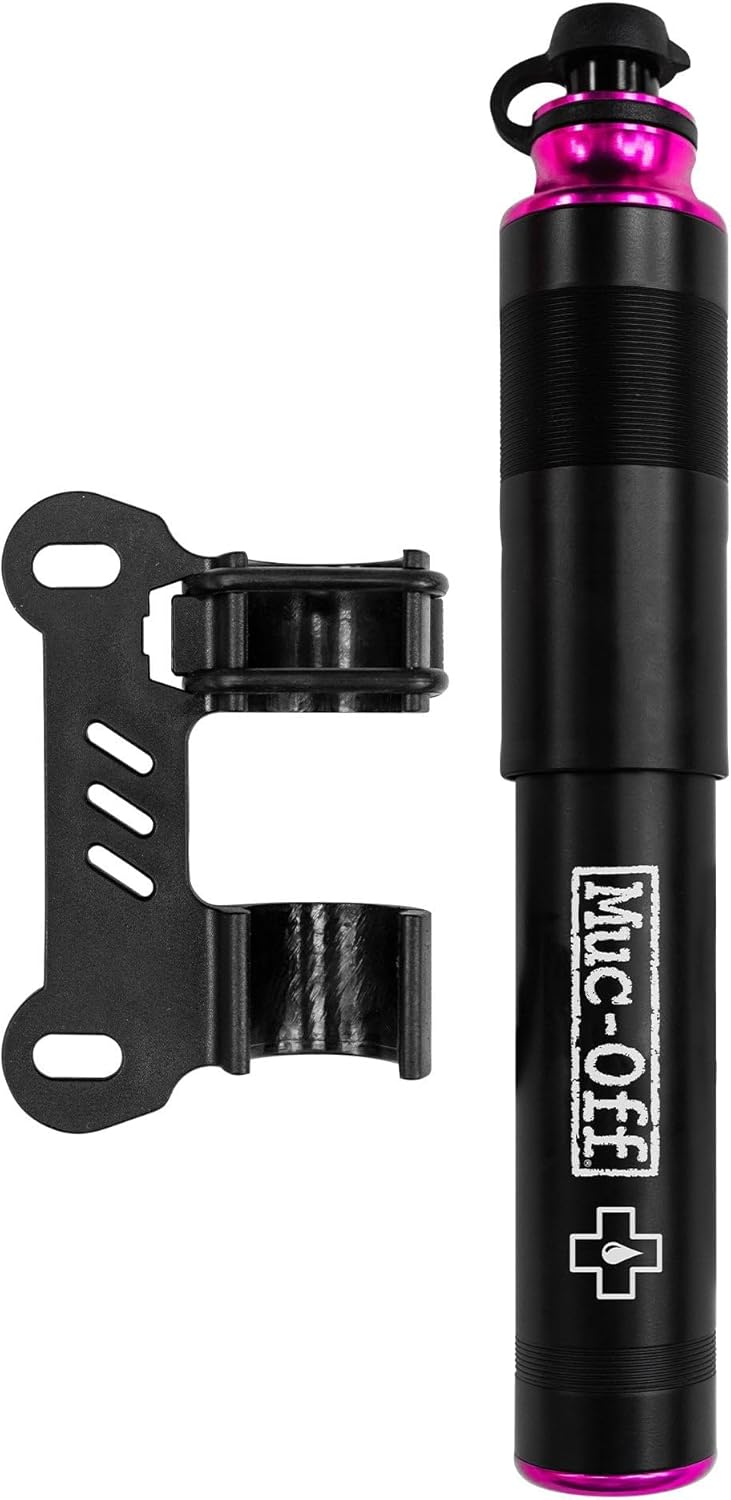 Muc‑Off AirMach Mini Pump – Aluminum Hand Pump Compact Bike Tyre Inflator Reversible Presta & Schrader Valve Head, Pull‑Out Flex Hose, 155mm / 78 g, Mounting Holster – Road, Gravel & MTB