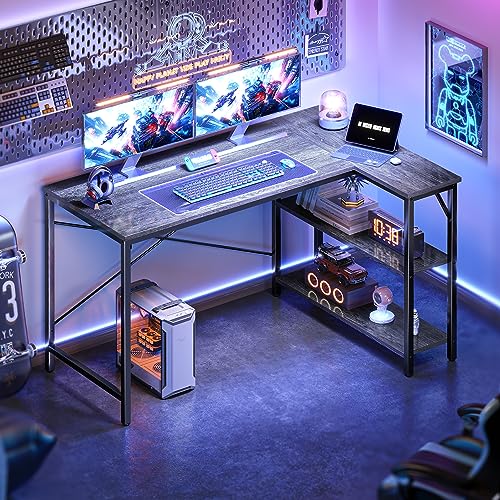 Huuger L Shaped Desk, 47 Inches Computer Desk with Reversible Storage Shelves, for Gaming Corner Home Office Writing Study, Metal Frame, Gray