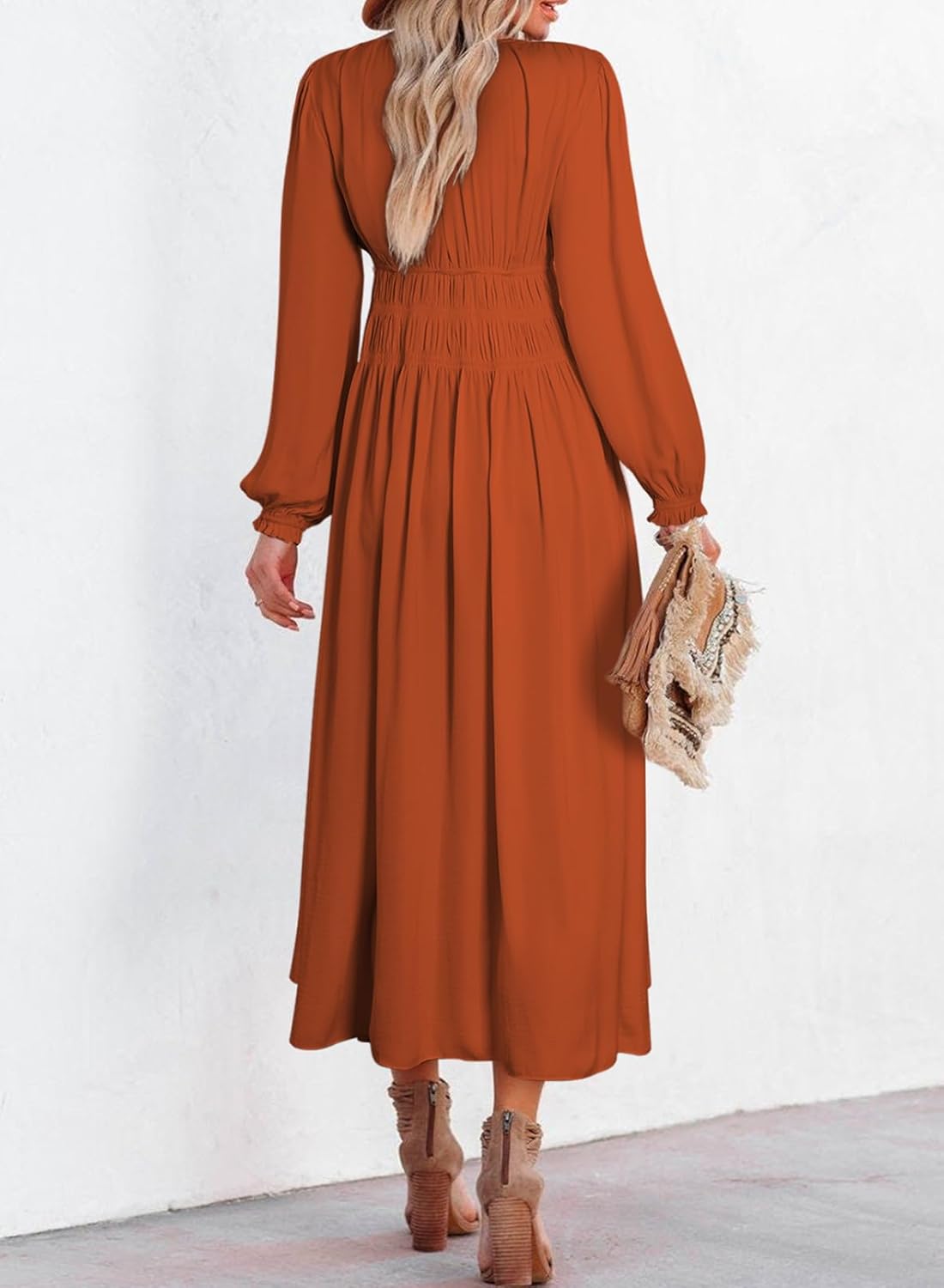 BLENCOT Womens Casual Long Sleeve Tiered V Neck Dress Pleat Ruched Ruffled Dress Solid Color Flowy Swing Midi Long Dresses - Image 3